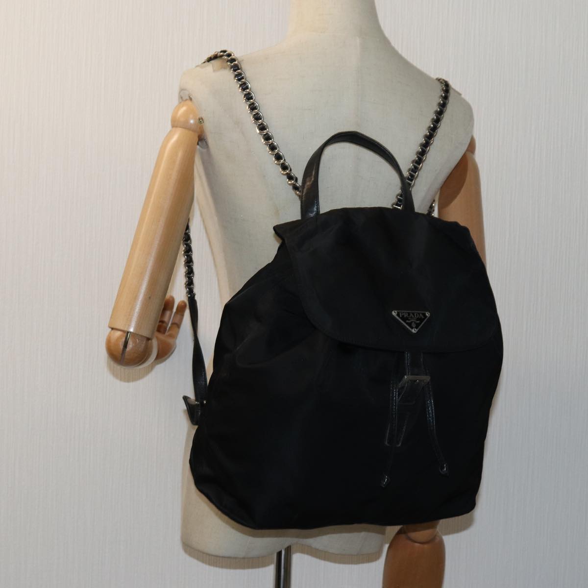 PRADA Chain Backpack Nylon Black Auth 72700