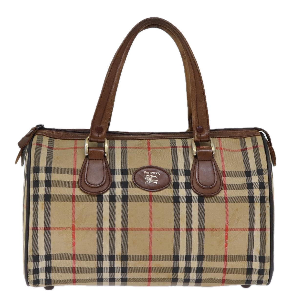 Burberrys Nova Check Boston Bag Canvas Beige Auth 72845