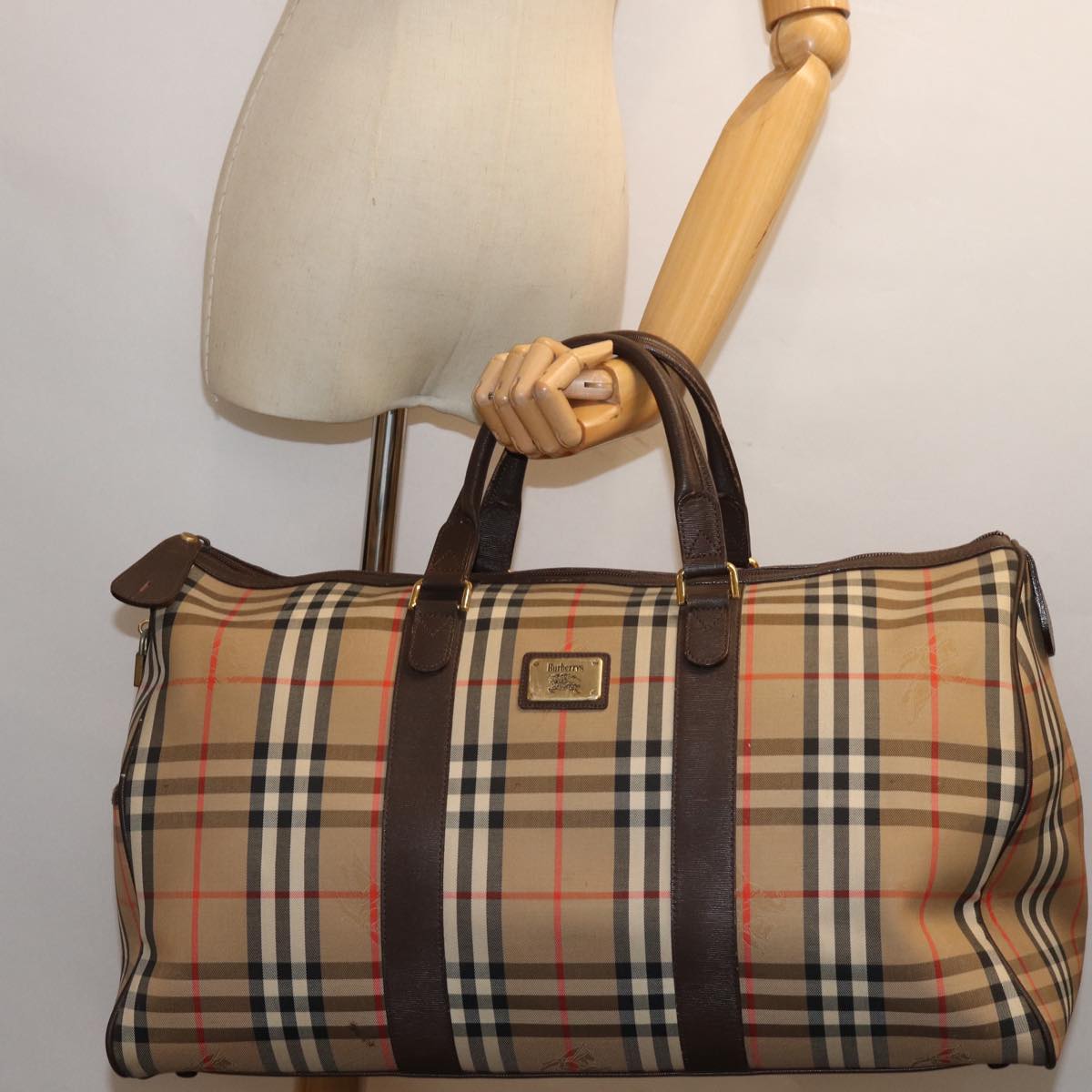 Burberrys Nova Check Boston Bag Canvas Beige Auth 72888