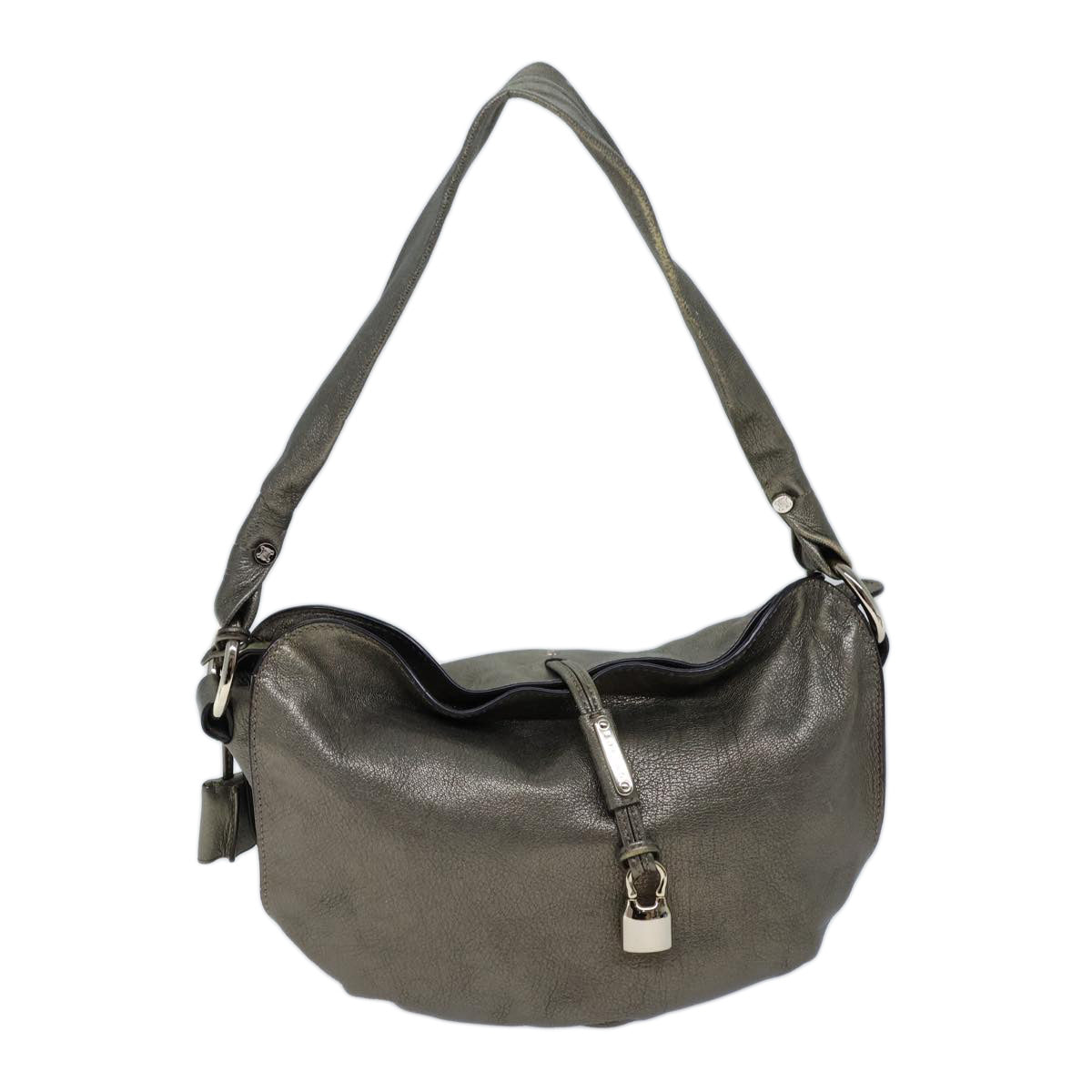 CELINE Shoulder Bag Leather Silver Auth 72958