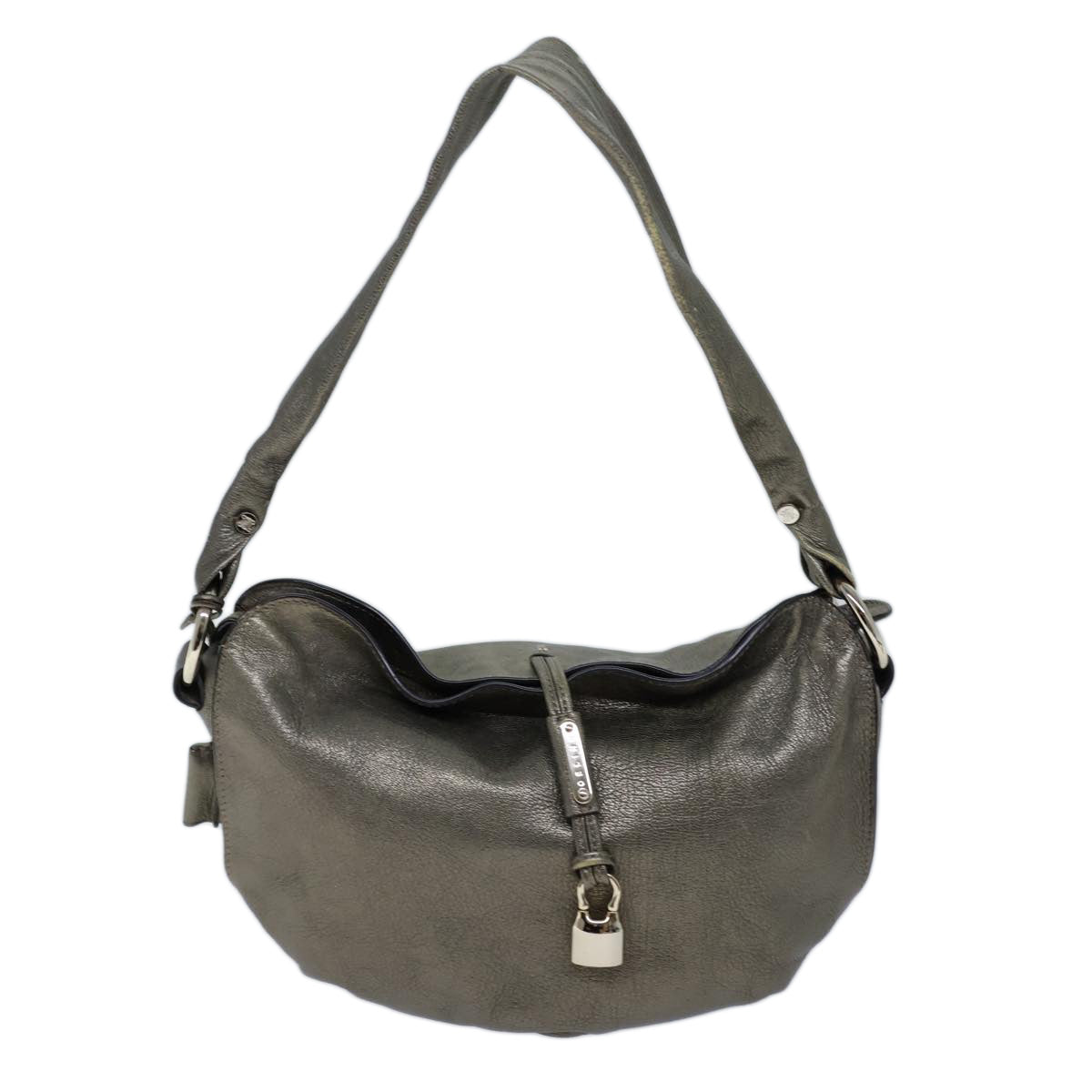 CELINE Shoulder Bag Leather Silver Auth 72958