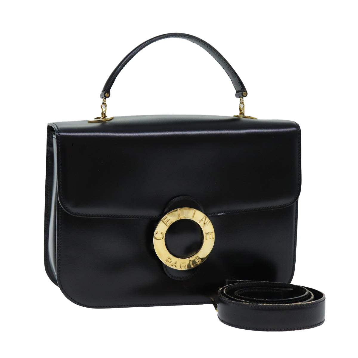 CELINE Hand Bag Leather 2way Black Auth 73008V