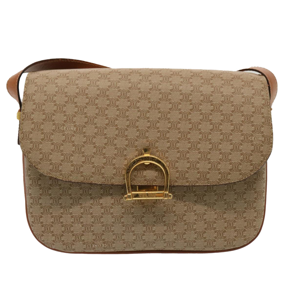 CELINE Macadam Canvas Shoulder Bag Beige Auth 73027