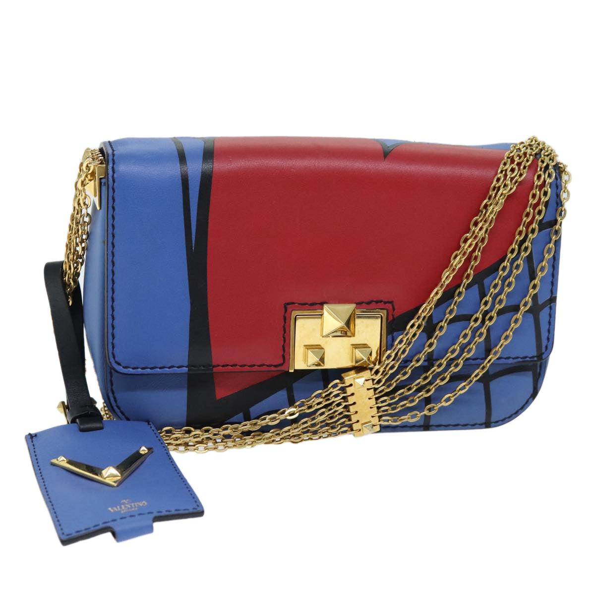 VALENTINO Chain Shoulder Bag Leather Blue Red Auth 73198A