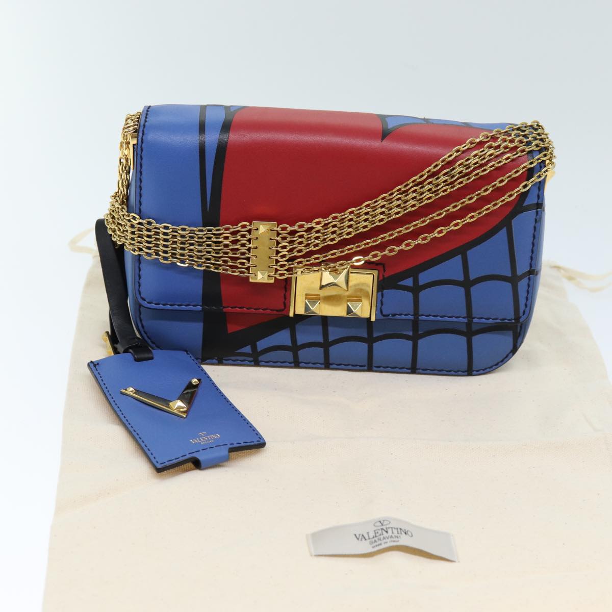 VALENTINO Chain Shoulder Bag Leather Blue Red Auth 73198A