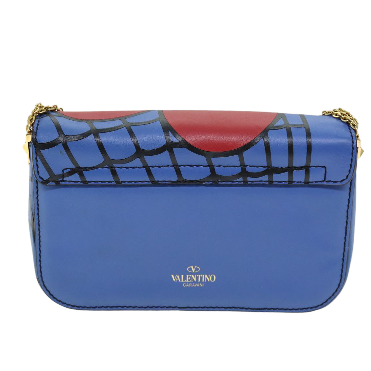 VALENTINO Chain Shoulder Bag Leather Blue Red Auth 73198A