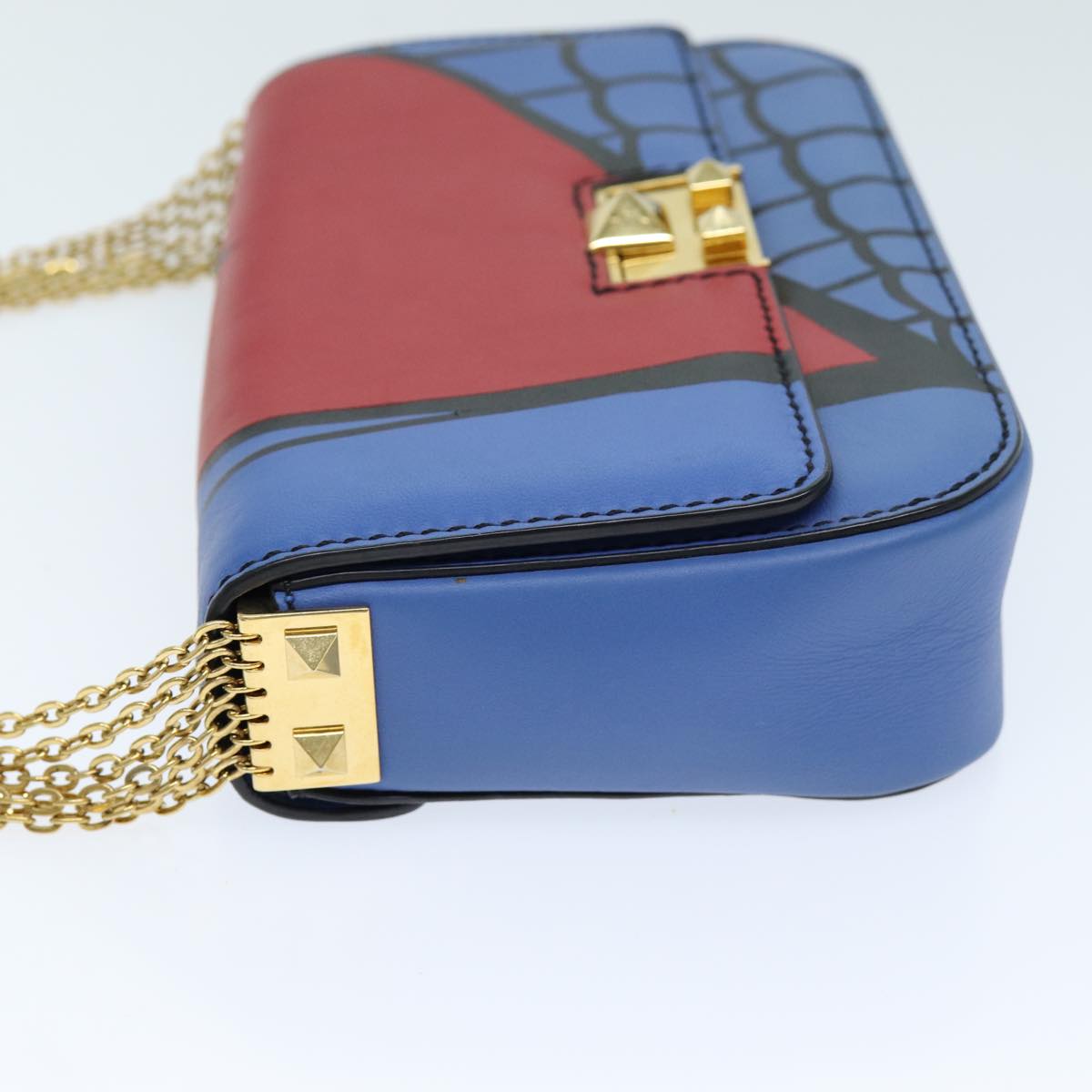 VALENTINO Chain Shoulder Bag Leather Blue Red Auth 73198A