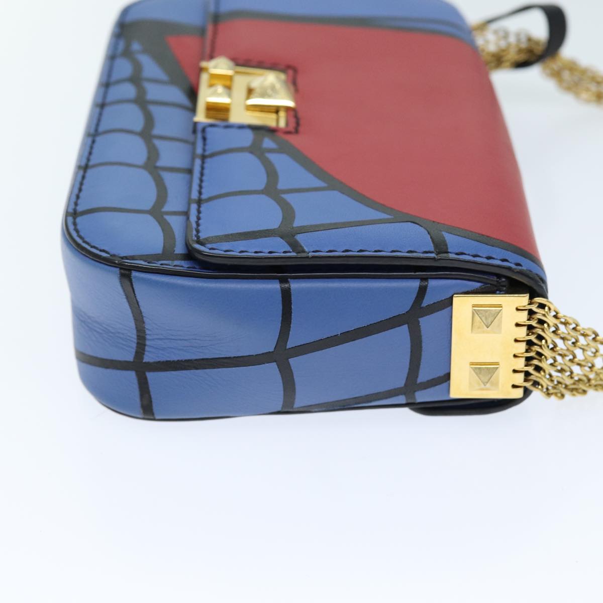 VALENTINO Chain Shoulder Bag Leather Blue Red Auth 73198A