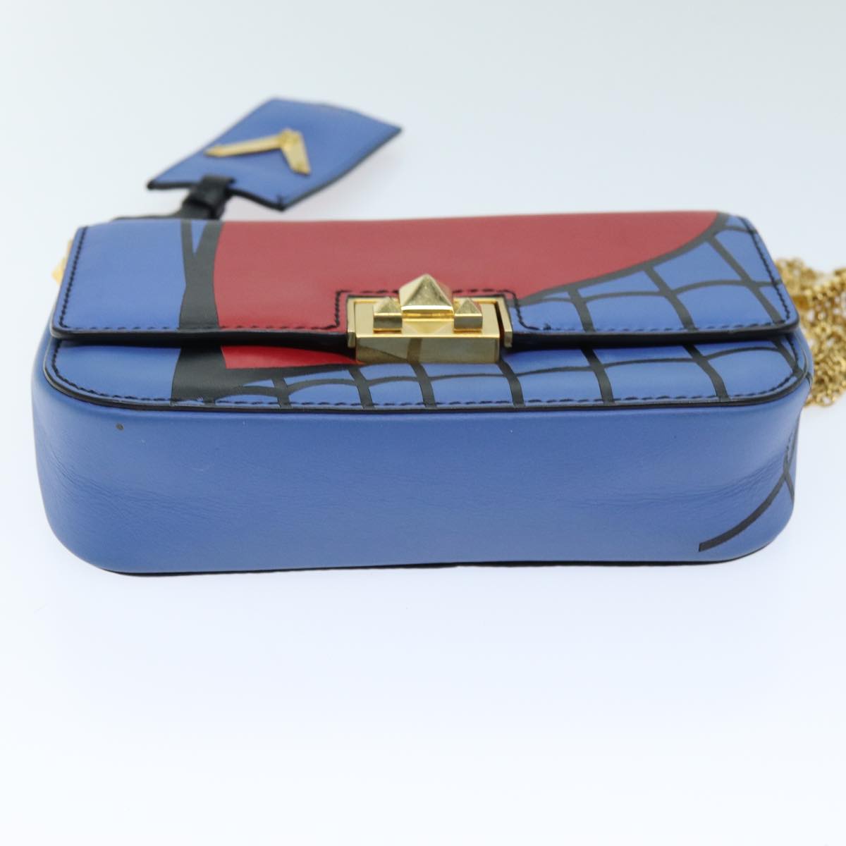 VALENTINO Chain Shoulder Bag Leather Blue Red Auth 73198A