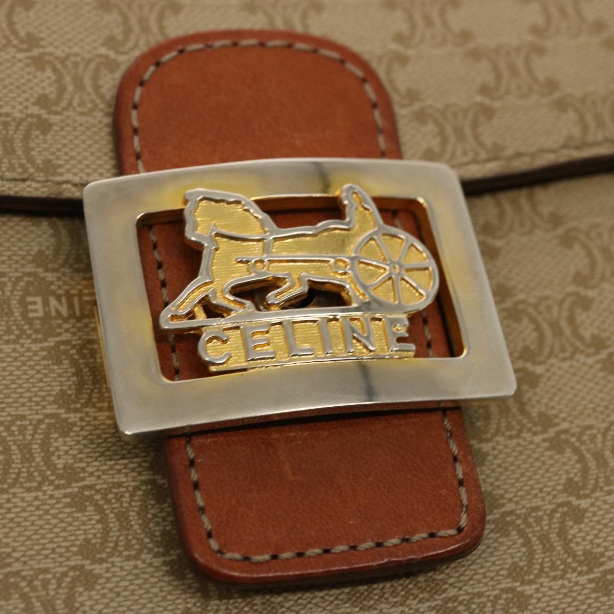 CELINE Macadam Canvas Shoulder Bag Beige Auth 73295