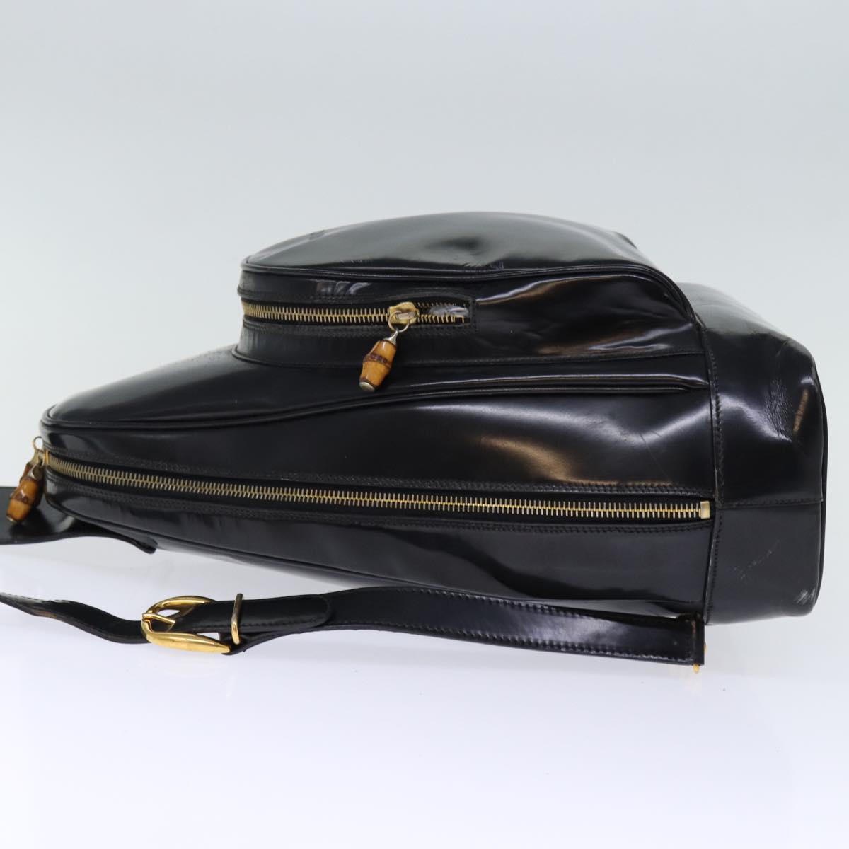 GUCCI Bamboo Body Bag Patent leather Black Auth 73357