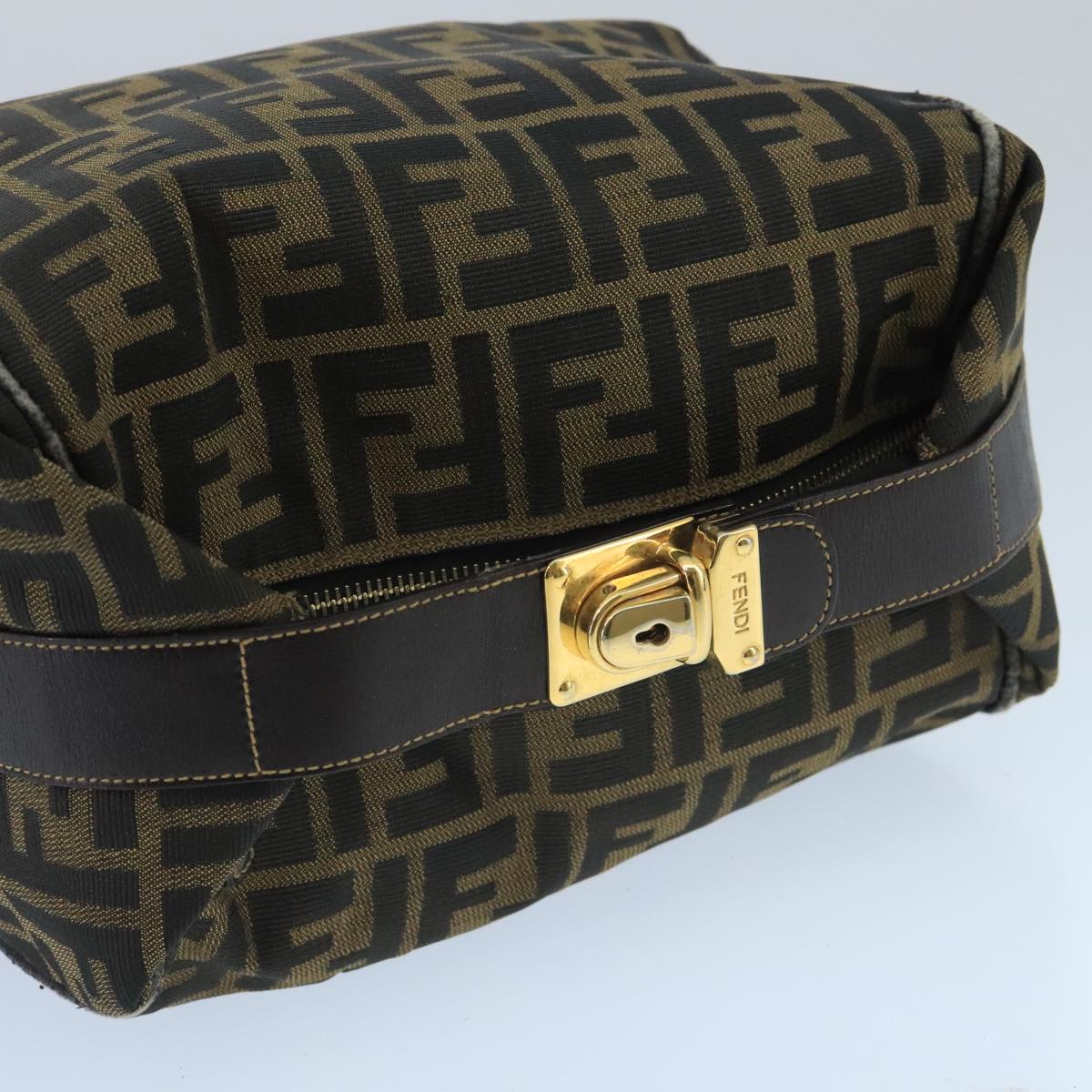 FENDI Zucca Canvas Hand Bag Brown Black Gold Auth 73582