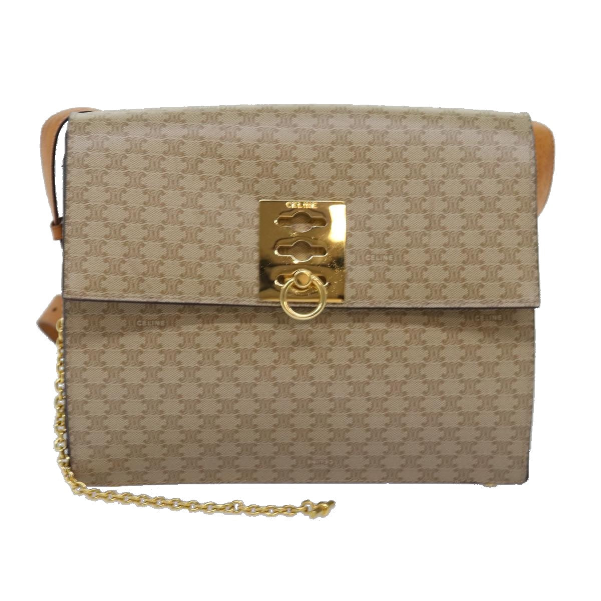 CELINE Macadam Canvas Shoulder Bag Beige Auth 74388