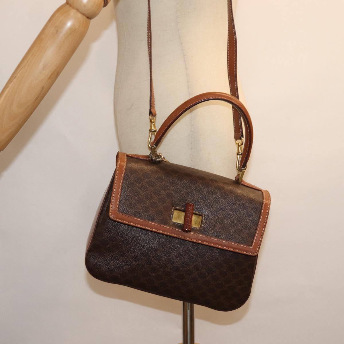 CELINE Macadam Canvas Hand Bag PVC 2way Brown Auth 74543