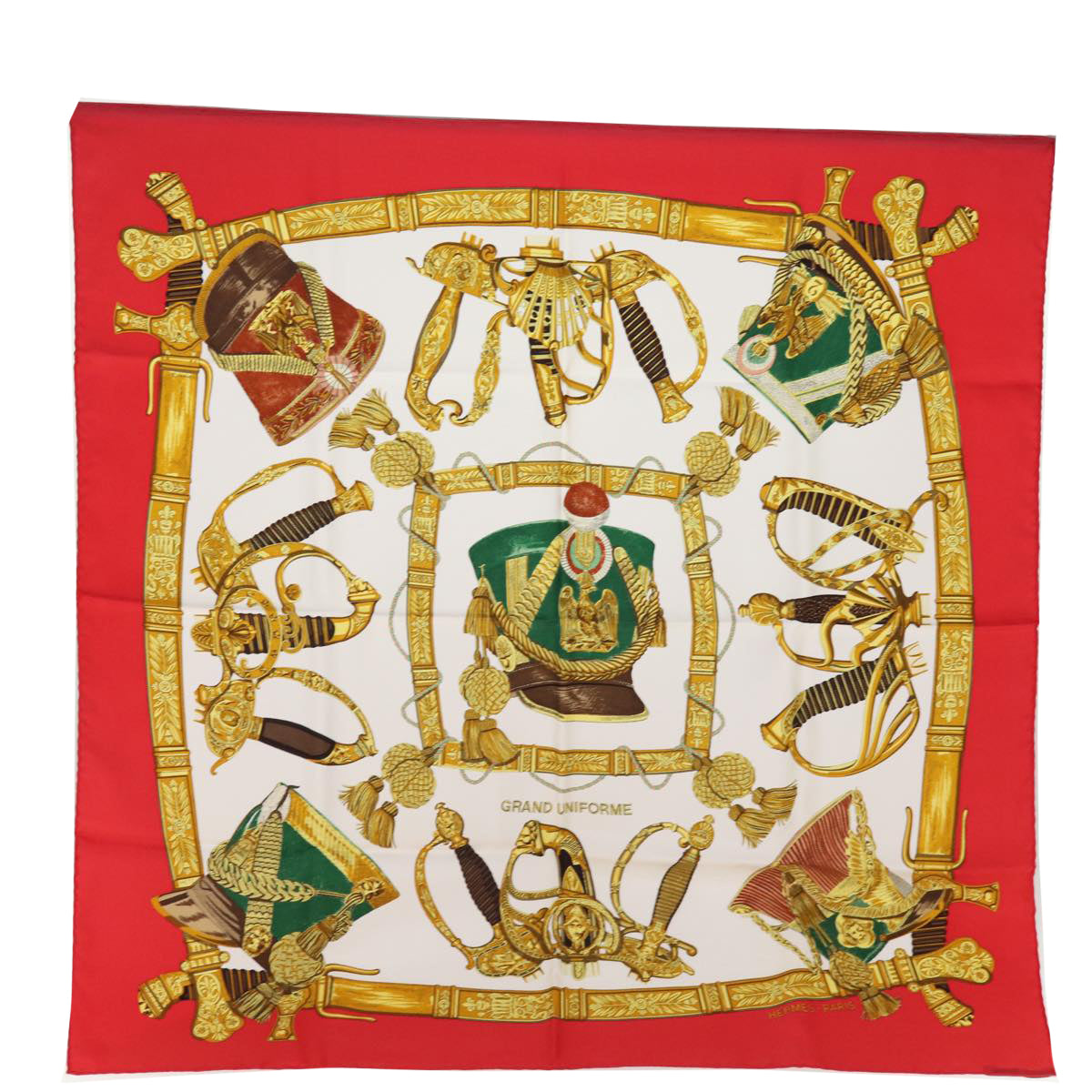 HERMES Carre 90 Scarf ""GRAND UNIFORME"" Silk Red Auth 74709