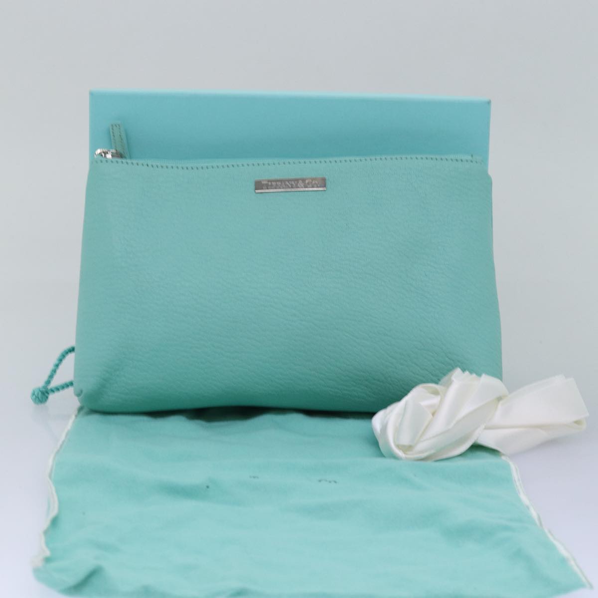 TIFFANY&Co. Pouch Leather Turquoise Blue Auth 74823