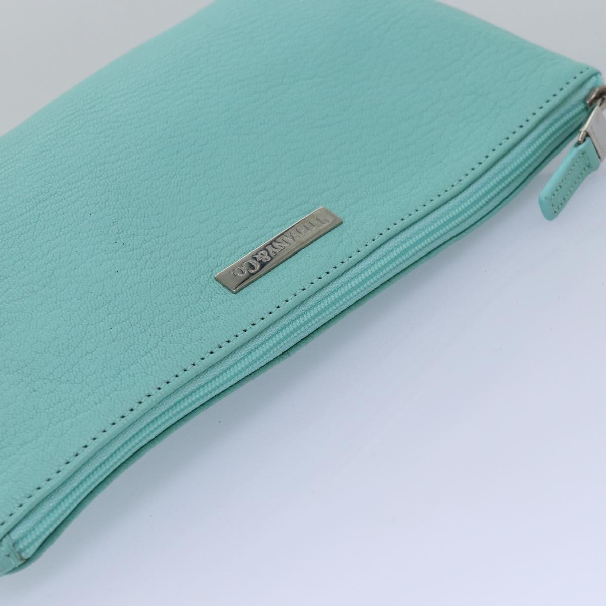 TIFFANY&Co. Pouch Leather Turquoise Blue Auth 74823