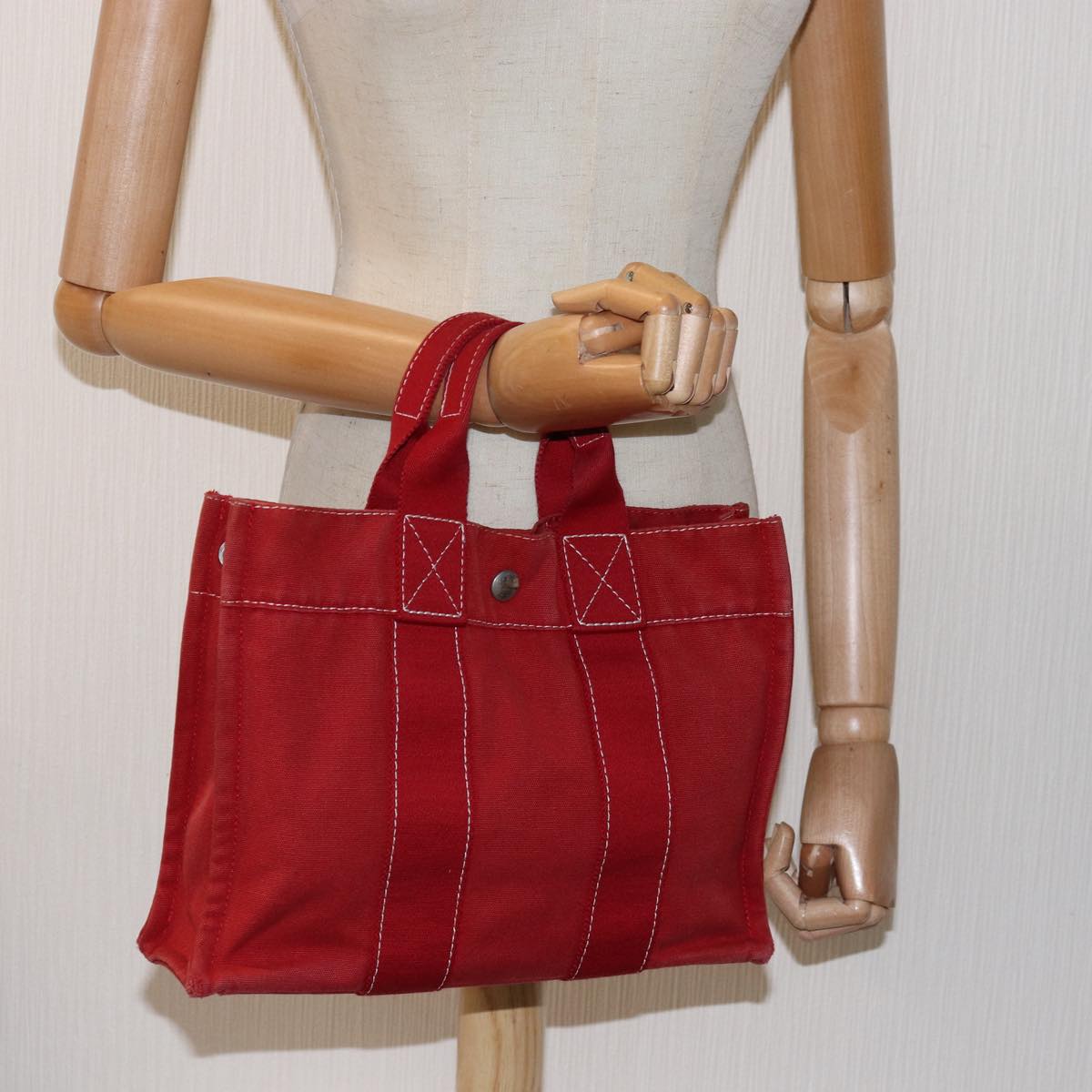 HERMES Deauville PM Tote Bag Canvas Red Auth 74860