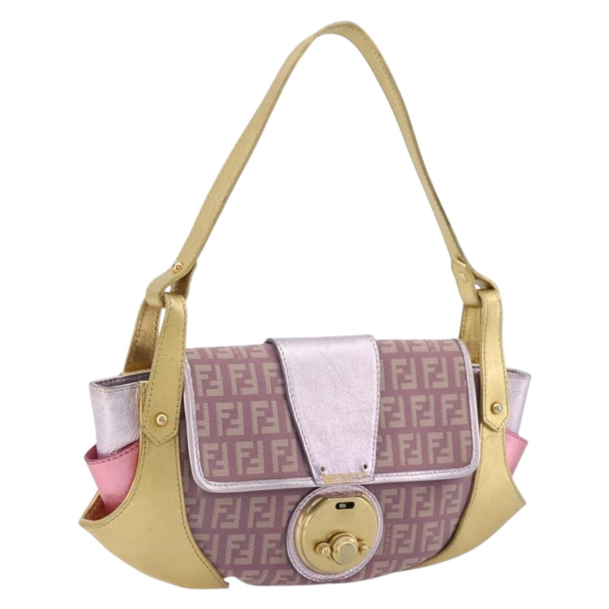 FENDI Zucchino Canvas Shoulder Bag Pink Gold Auth 75222