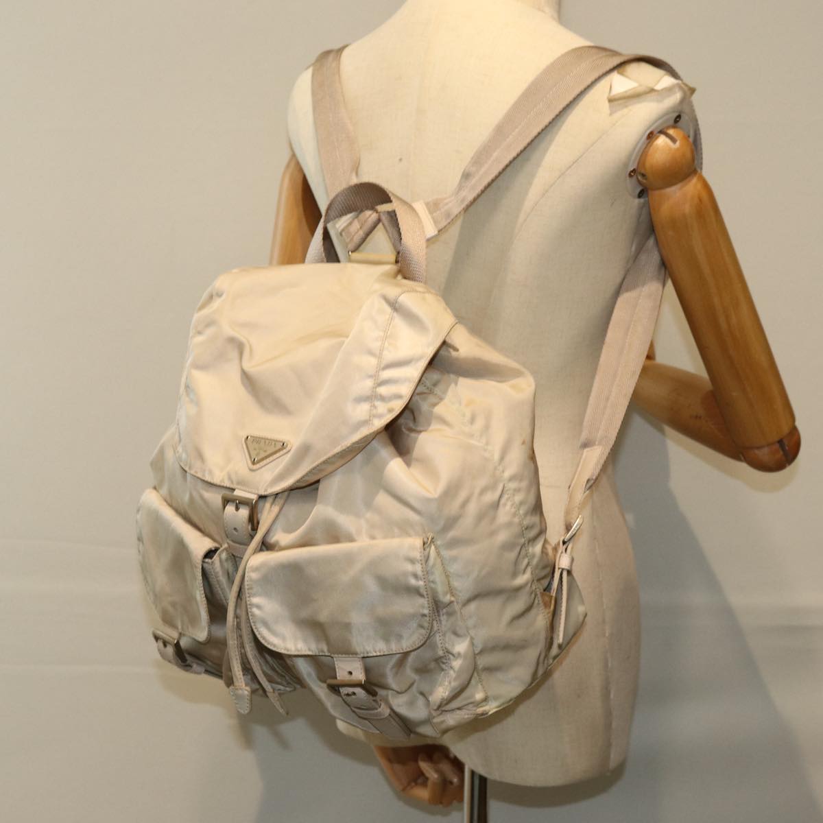 PRADA Backpack Nylon Cream Auth 75340