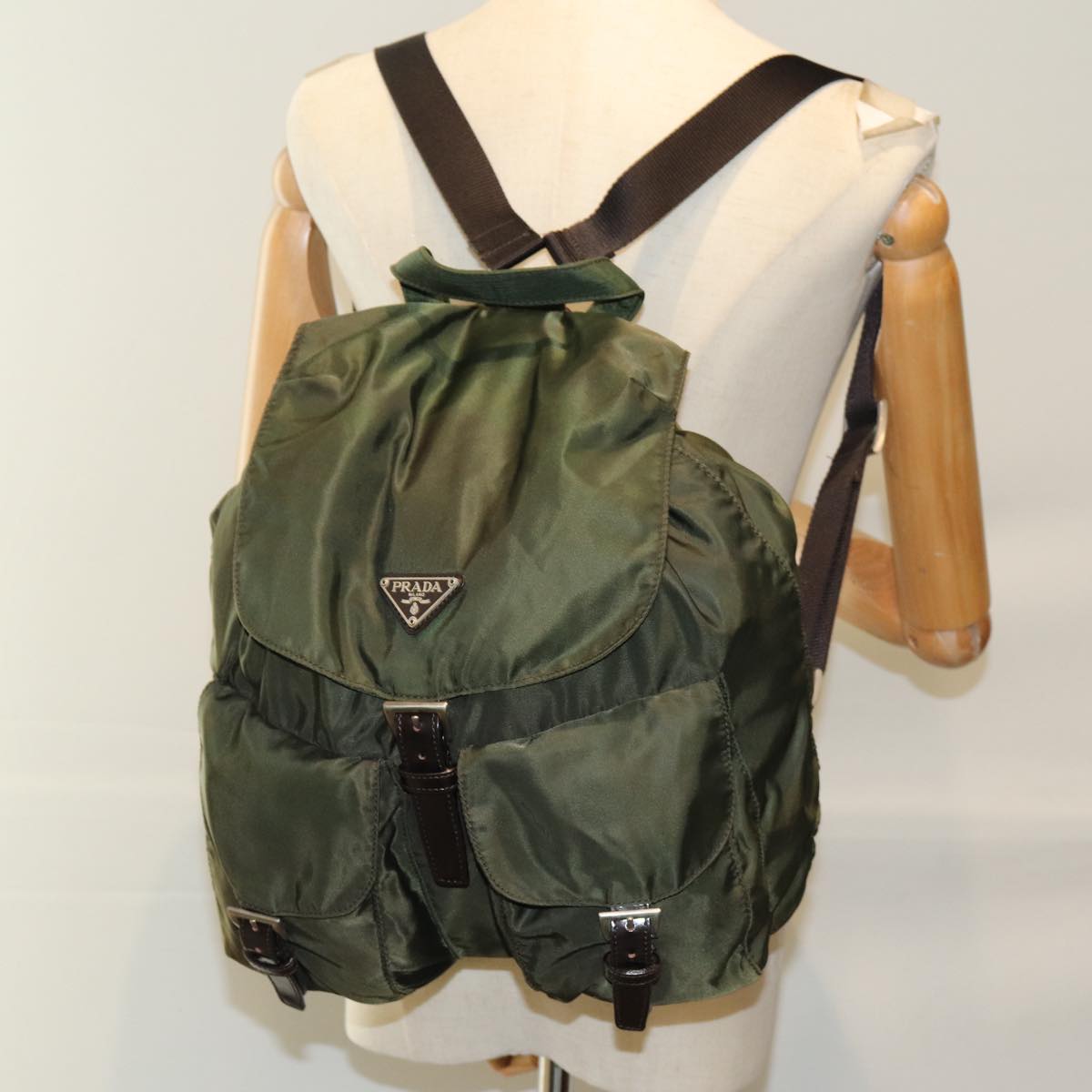 PRADA Backpack Nylon Khaki Auth 75695