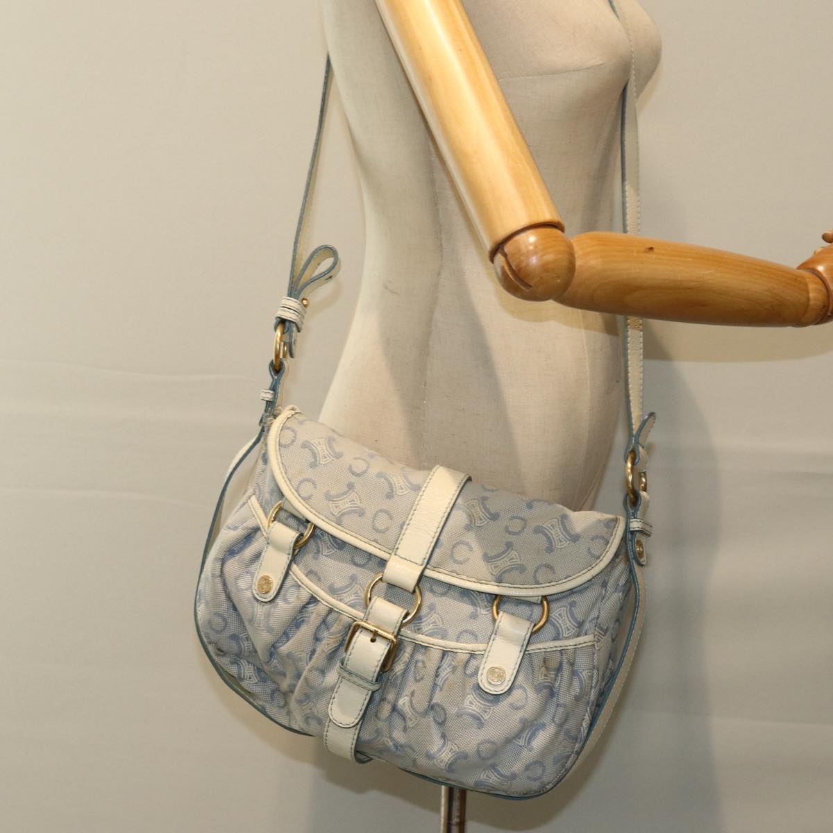 CELINE C Macadam Canvas Shoulder Bag Light Blue Auth 75808