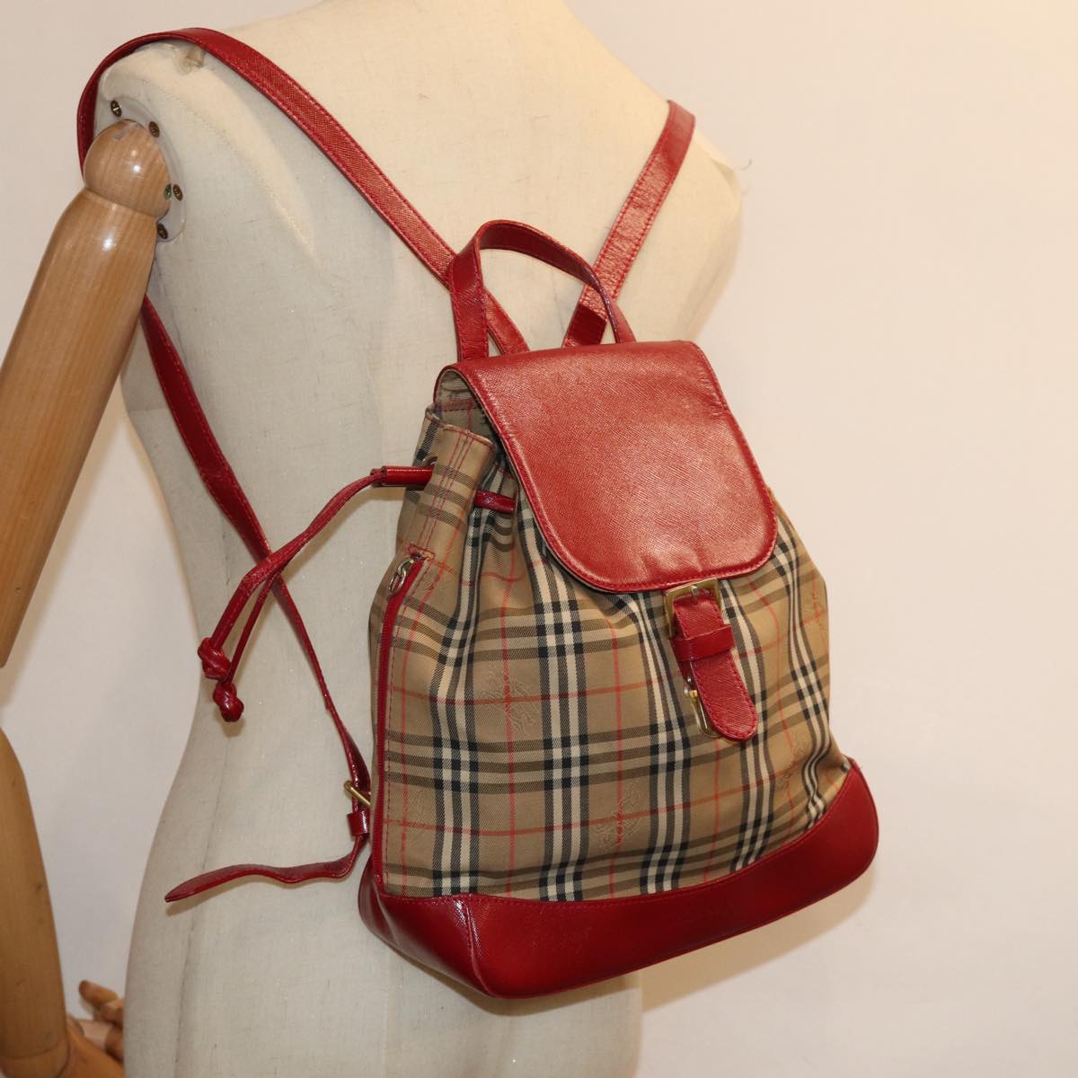 Burberrys Nova Check Backpack Canvas Red Beige Auth 75840