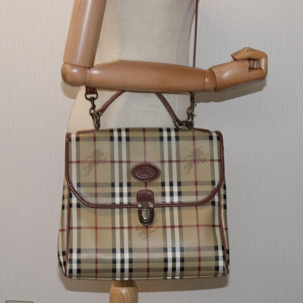 Burberrys Nova Check Hand Bag PVC Leather 2way Beige Auth 76101