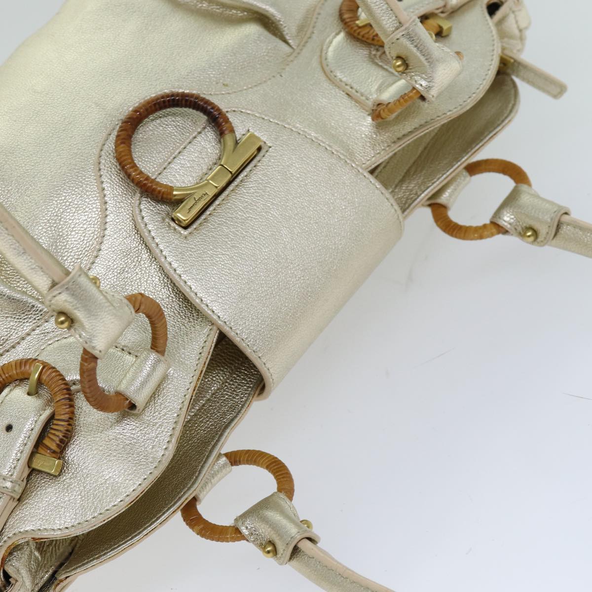 Salvatore Ferragamo Gancini Hand Bag Leather Gold Auth 76148