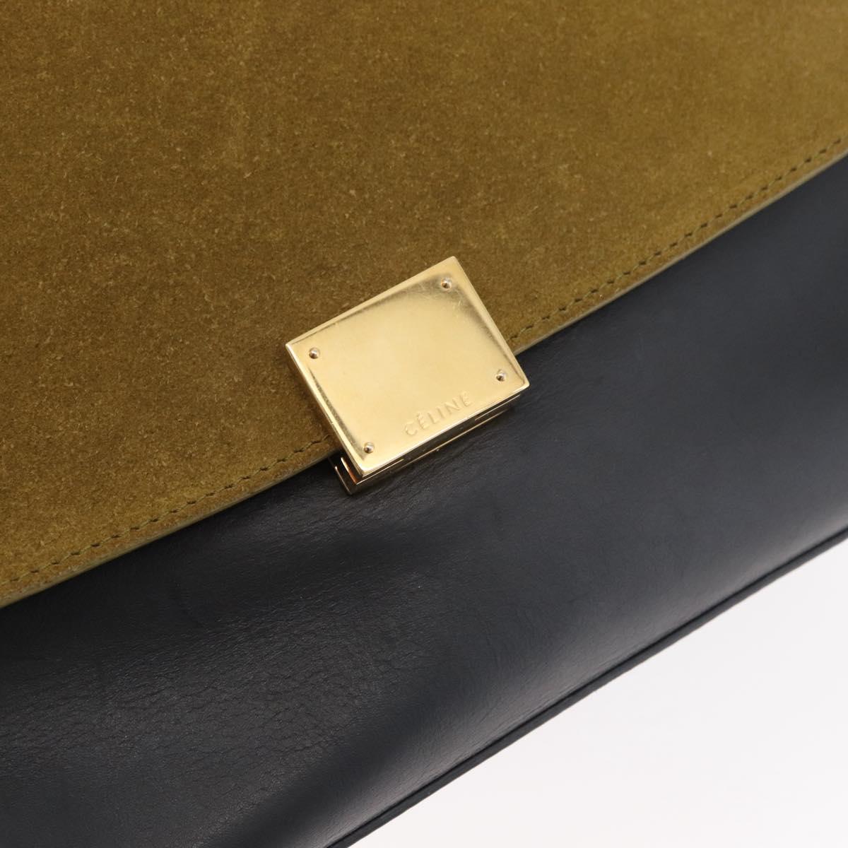 CELINE Trapeze Hand Bag Suede Leather 2way Black Khaki Auth 76216