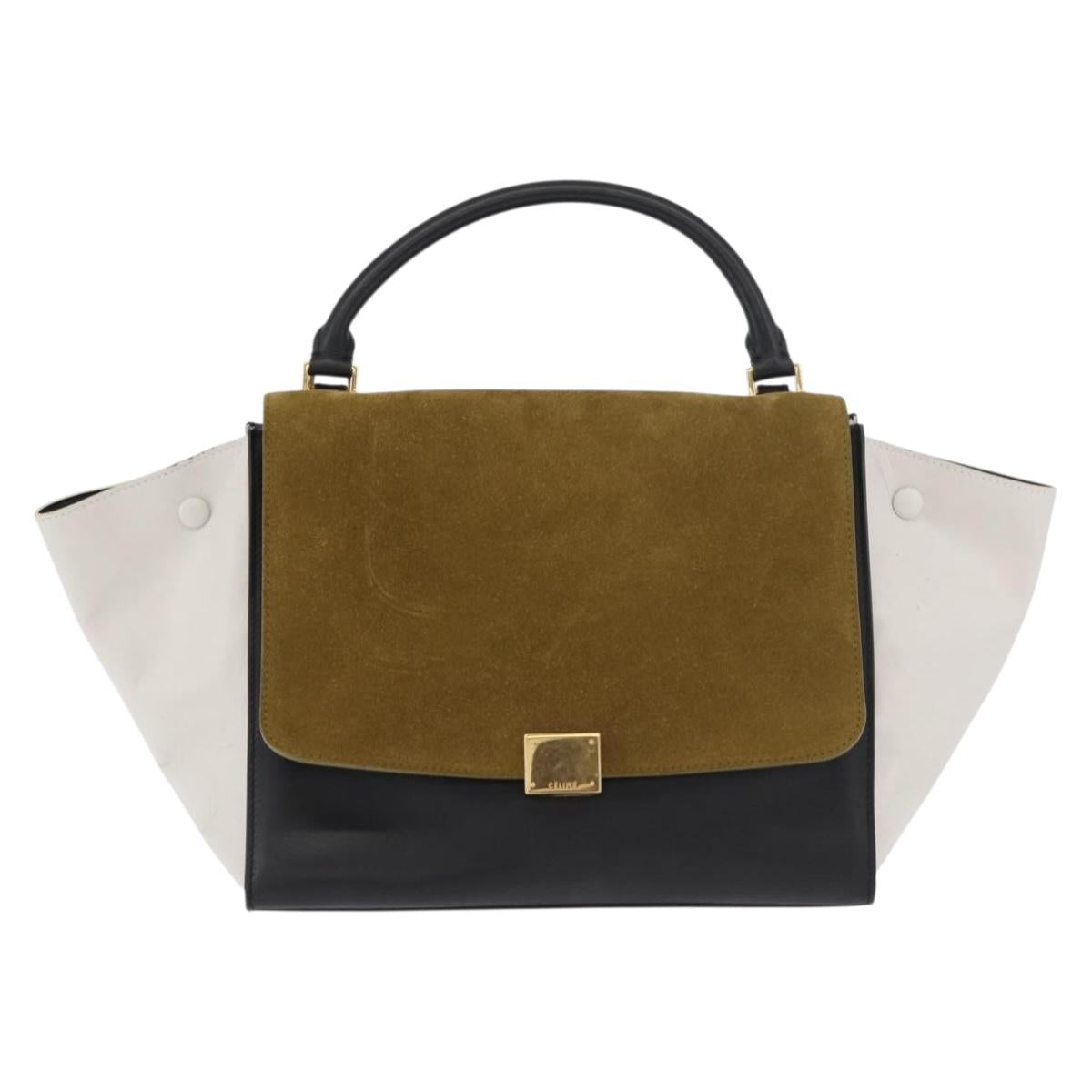 CELINE Trapeze Hand Bag Suede Leather 2way Black Khaki Auth 76216