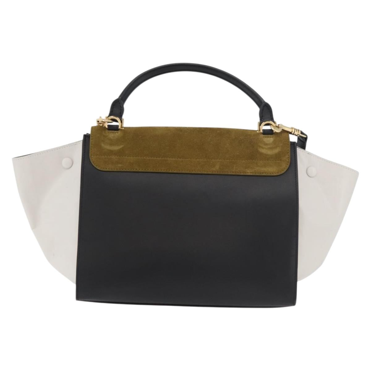 CELINE Trapeze Hand Bag Suede Leather 2way Black Khaki Auth 76216