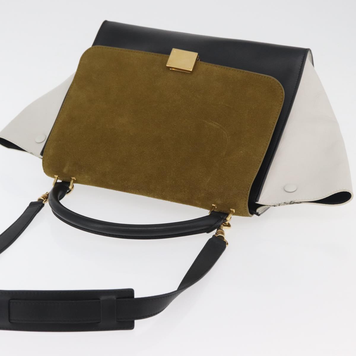 CELINE Trapeze Hand Bag Suede Leather 2way Black Khaki Auth 76216