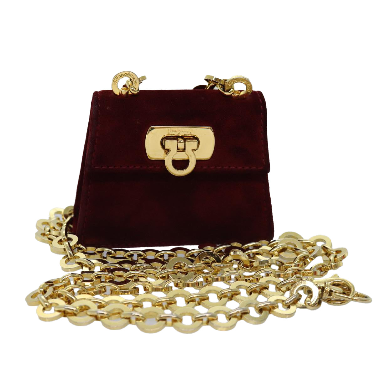 Salvatore Ferragamo Chain Shoulder Bag Suede Red Auth 76383