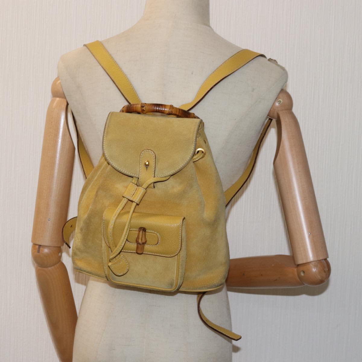 GUCCI Bamboo Backpack Suede Leather Yellow 003 2058 0030 Auth 76895