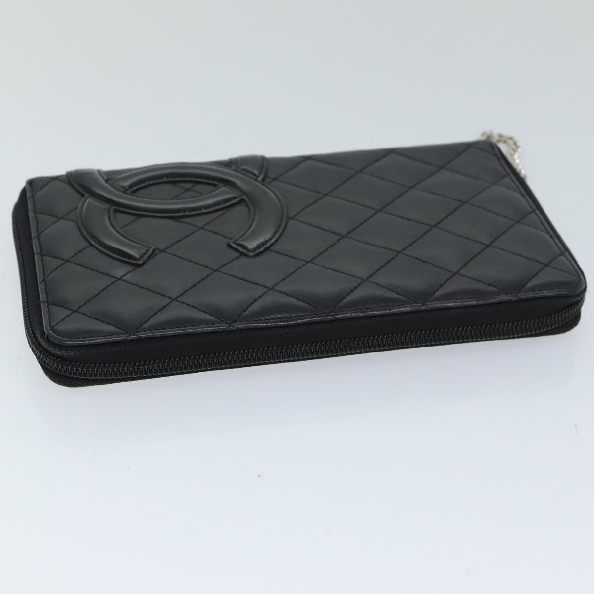 CHANEL Cambon Line Long Wallet Leather Black CC Auth 77444