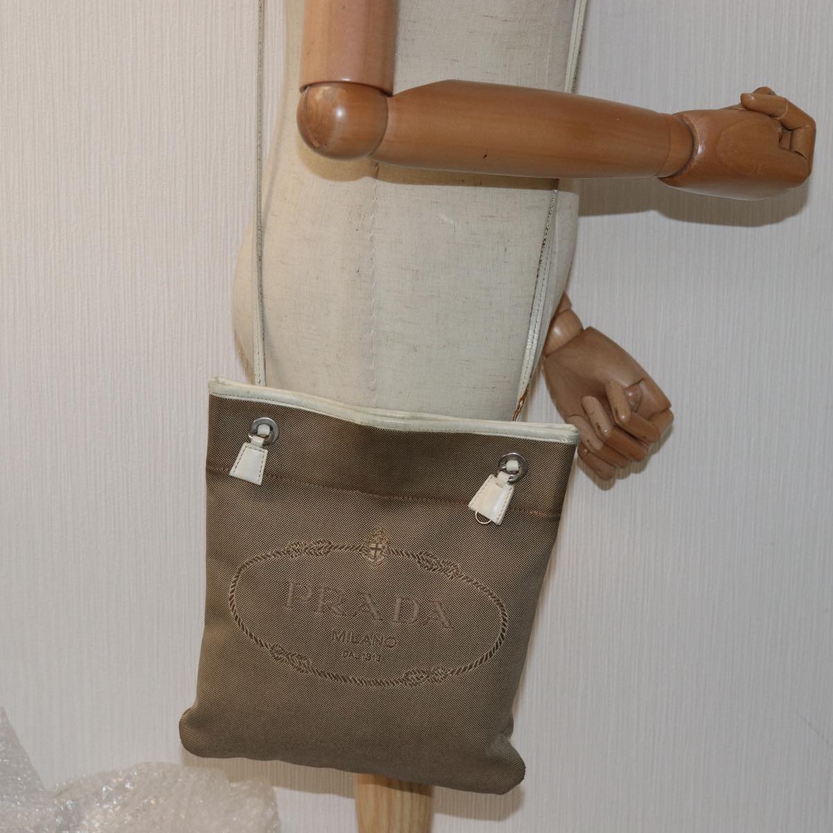 PRADA Shoulder Bag Canvas Beige Auth 77502
