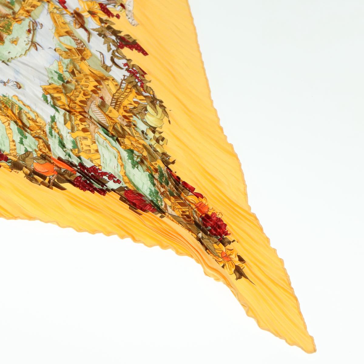 HERMES Carre Pleated Scarf ""Au Pays de Cocagne"" Silk Yellow Auth 77751