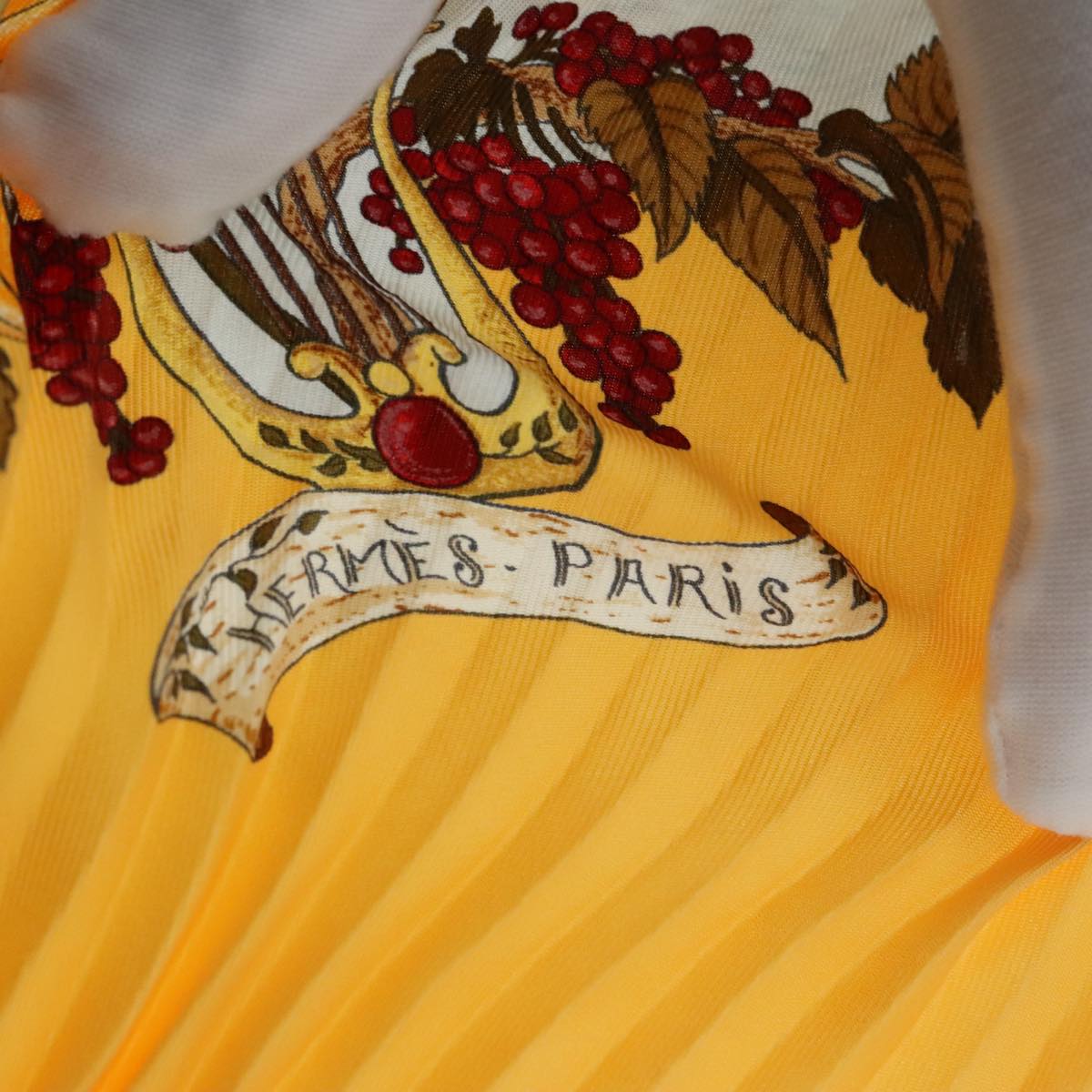 HERMES Carre Pleated Scarf ""Au Pays de Cocagne"" Silk Yellow Auth 77751