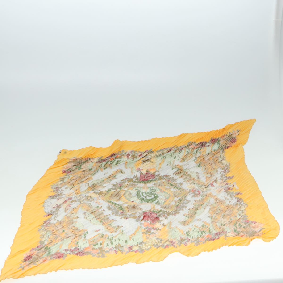 HERMES Carre Pleated Scarf ""Au Pays de Cocagne"" Silk Yellow Auth 77751