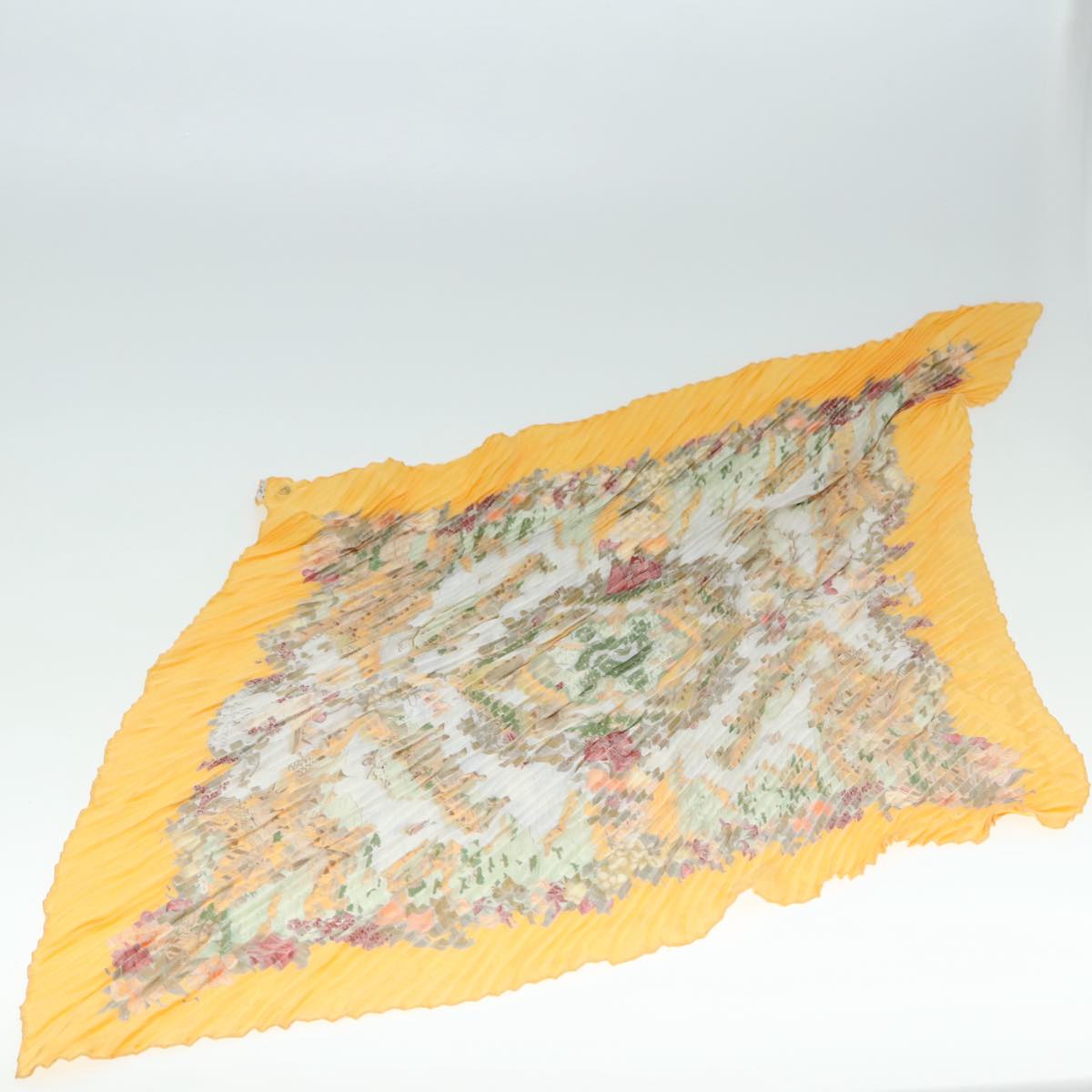 HERMES Carre Pleated Scarf ""Au Pays de Cocagne"" Silk Yellow Auth 77751