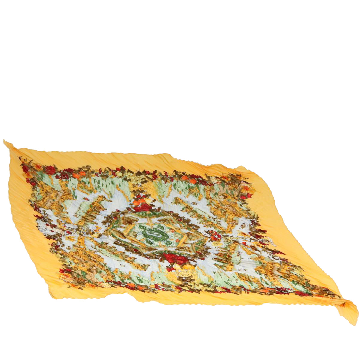 HERMES Carre Pleated Scarf ""Au Pays de Cocagne"" Silk Yellow Auth 77751