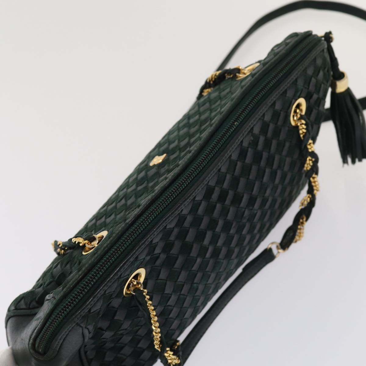 BALLY Chain Shoulder Bag Leather Green Auth 78289