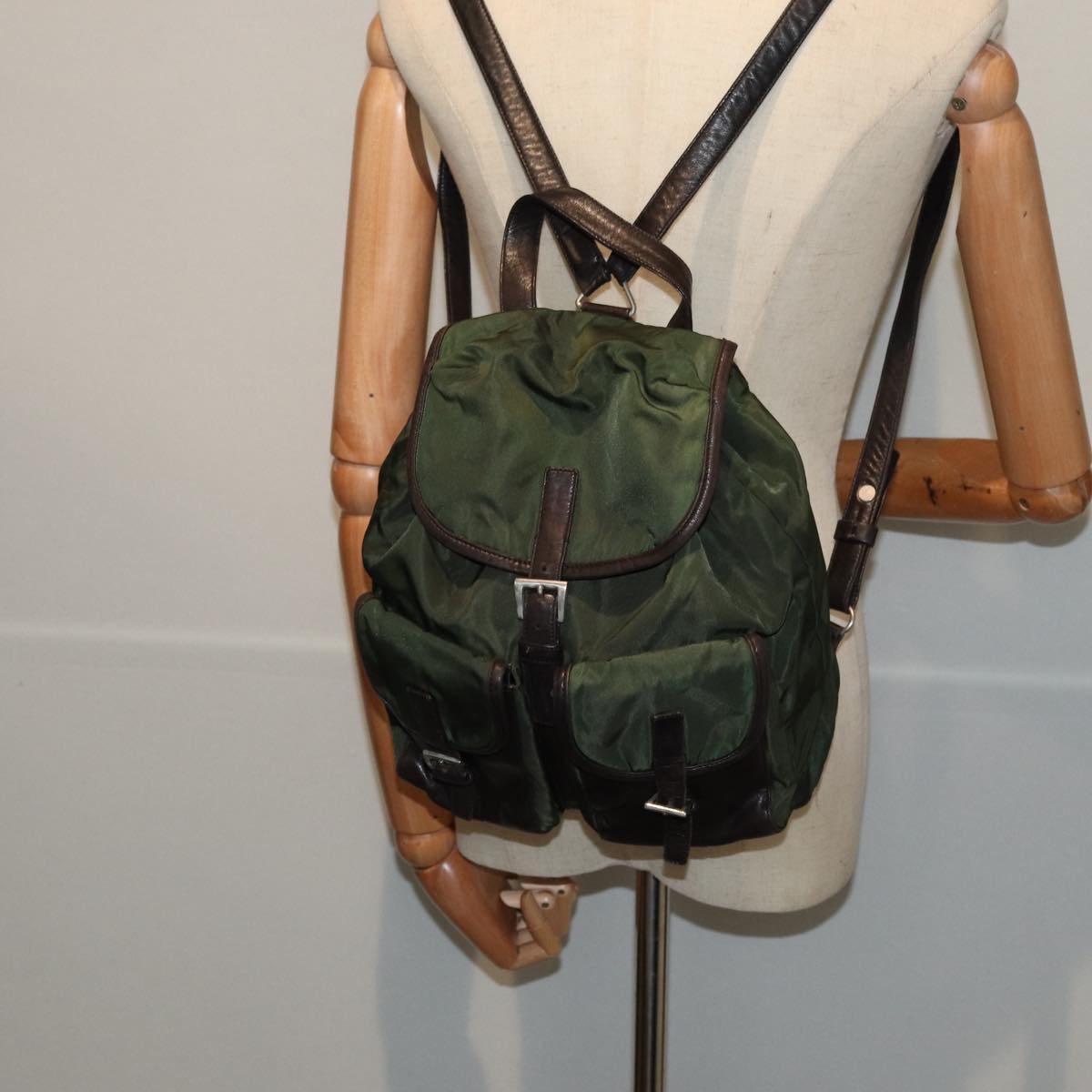 PRADA Backpack Nylon Khaki Auth 78357