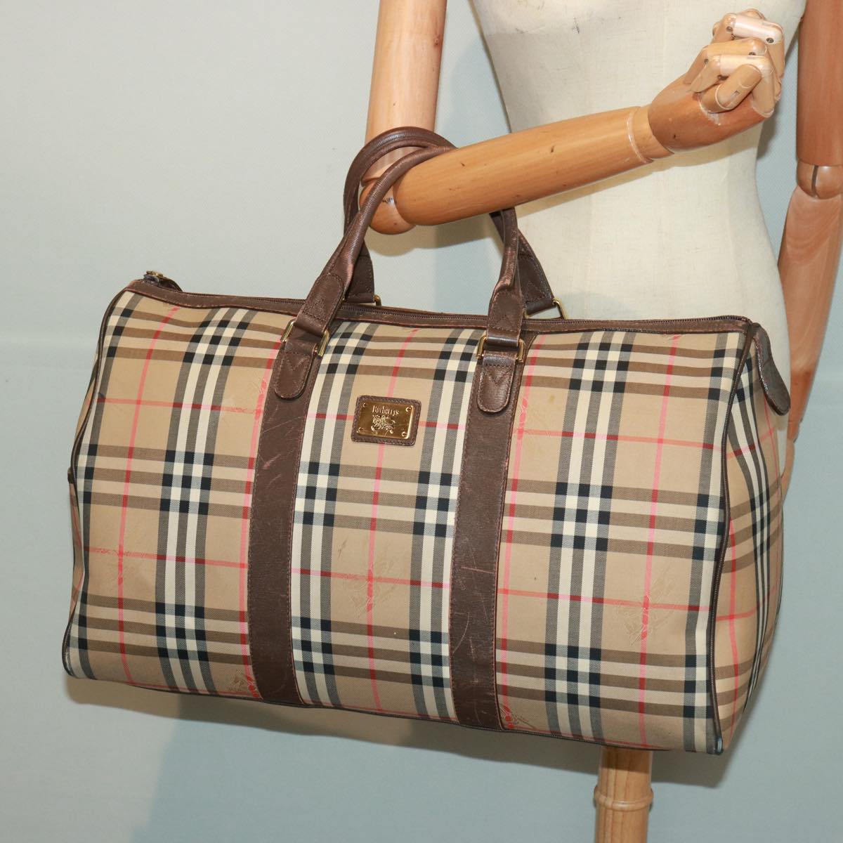 Burberrys Nova Check Boston Bag Canvas Beige Auth 78455