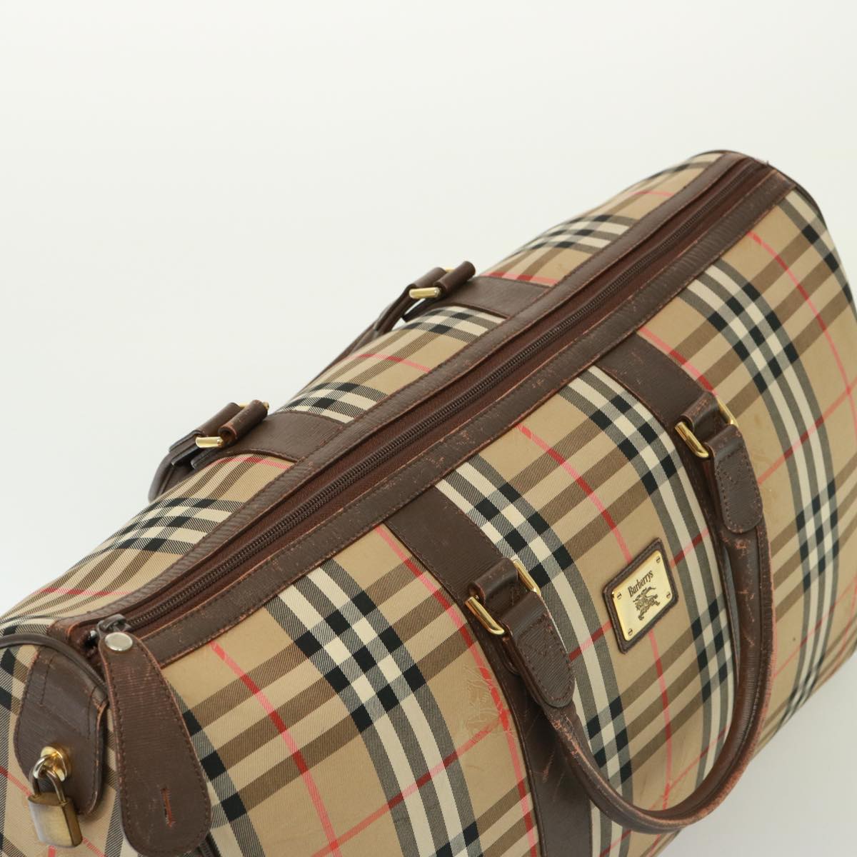 Burberrys Nova Check Boston Bag Canvas Beige Auth 78455