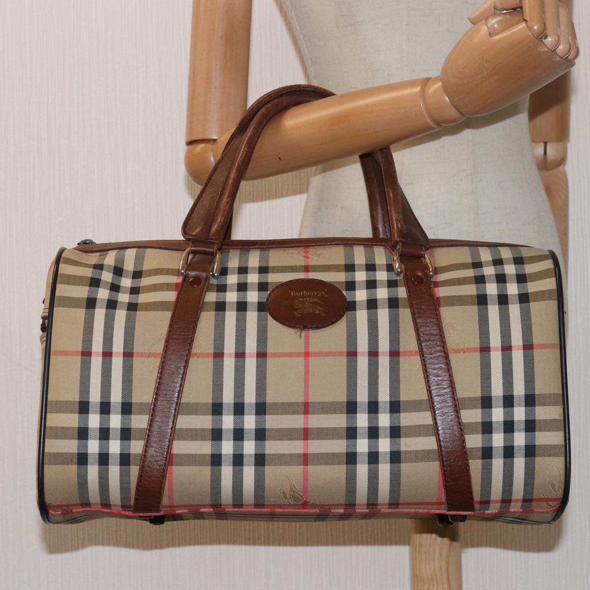 Burberrys Nova Check Boston Bag Canvas Beige Auth 79483