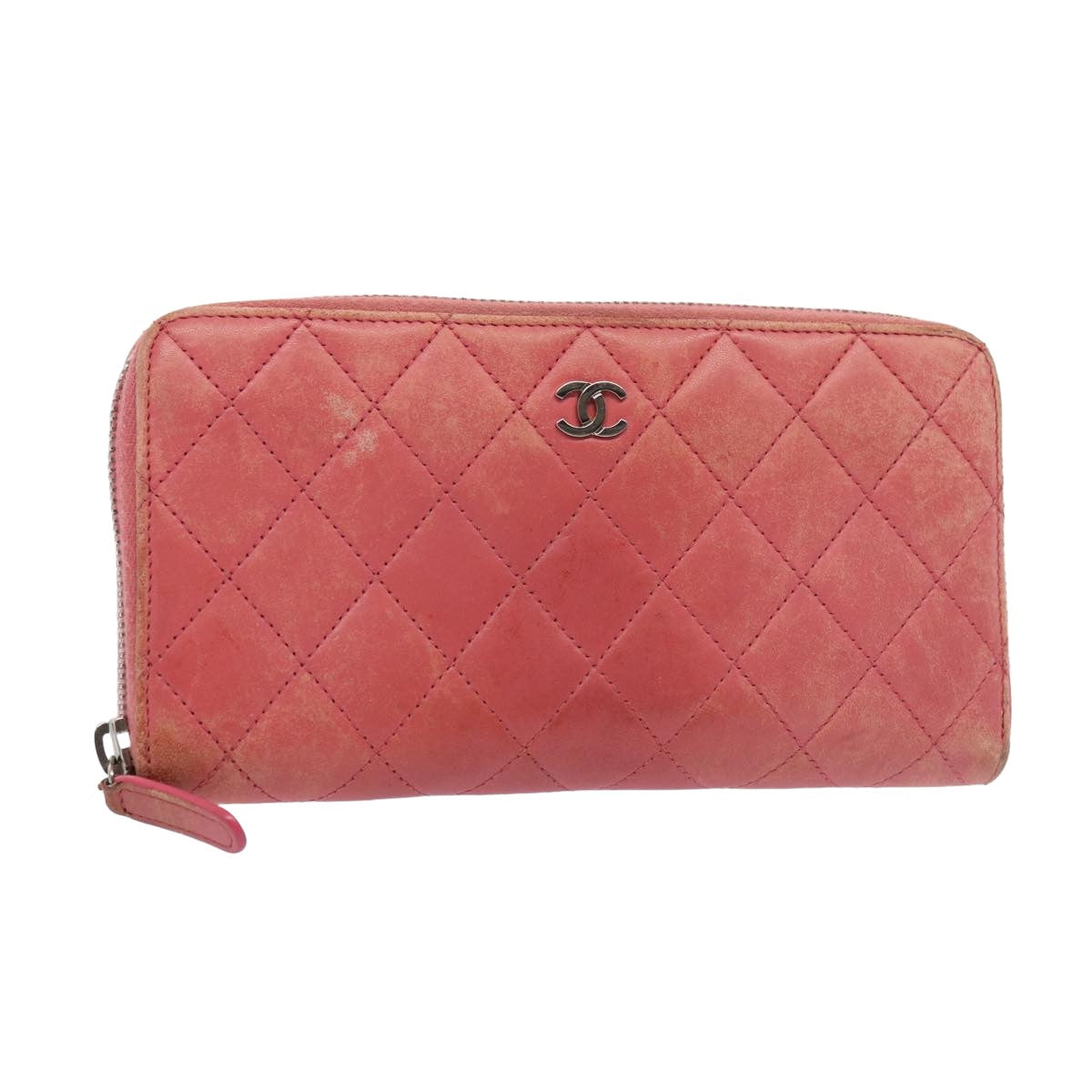 CHANEL Matelasse Long Wallet Lamb Skin Pink CC Auth 79765