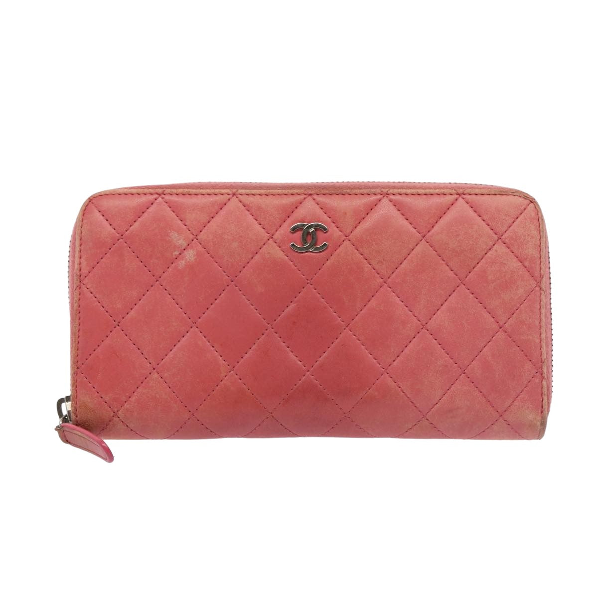 CHANEL Matelasse Long Wallet Lamb Skin Pink CC Auth 79765