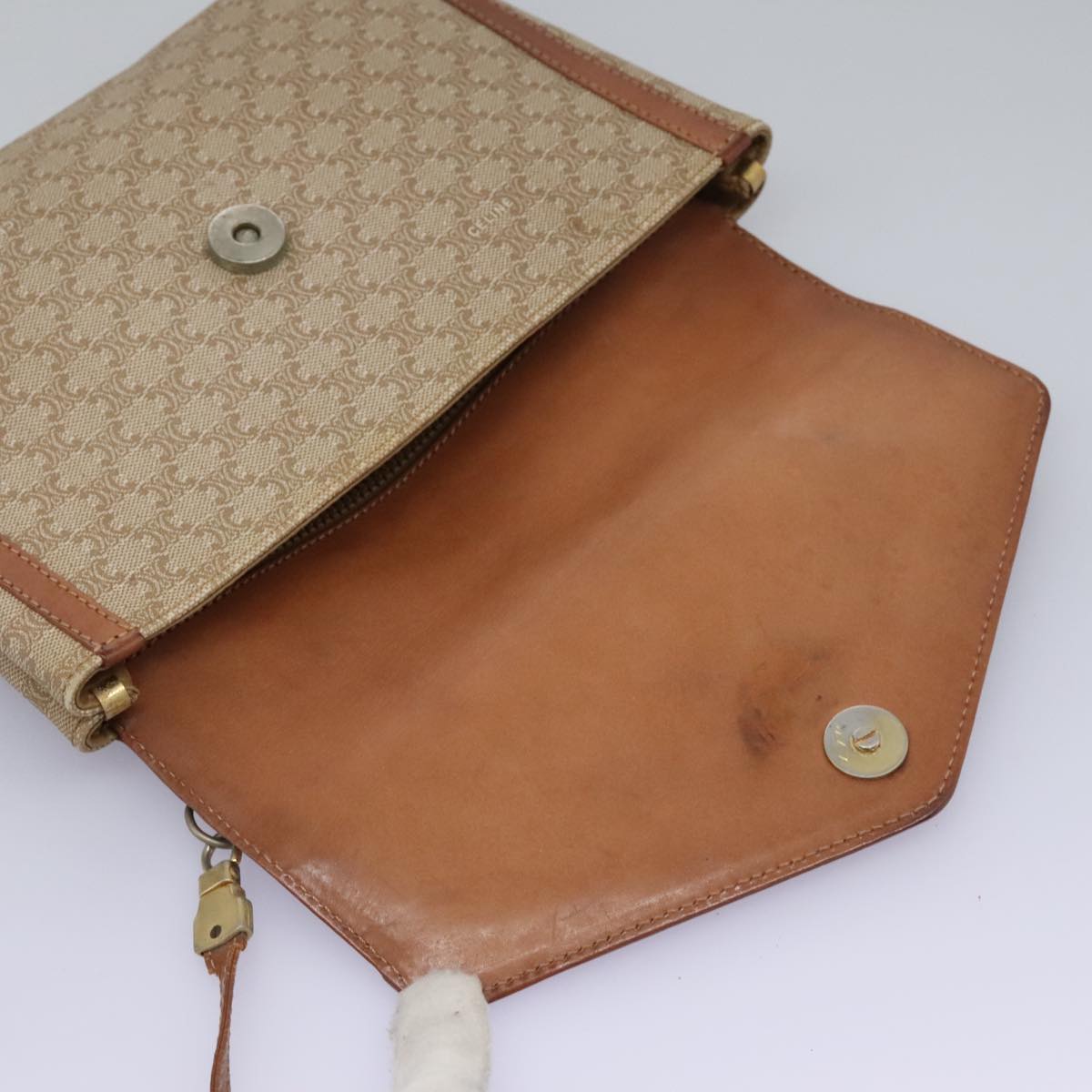 CELINE Macadam Canvas Shoulder Bag Beige Auth 80064